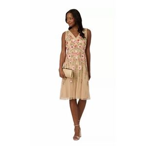 Adrianna Papell Nude Multi Beaded Sequin Floral Midi Dress Size 4 $279